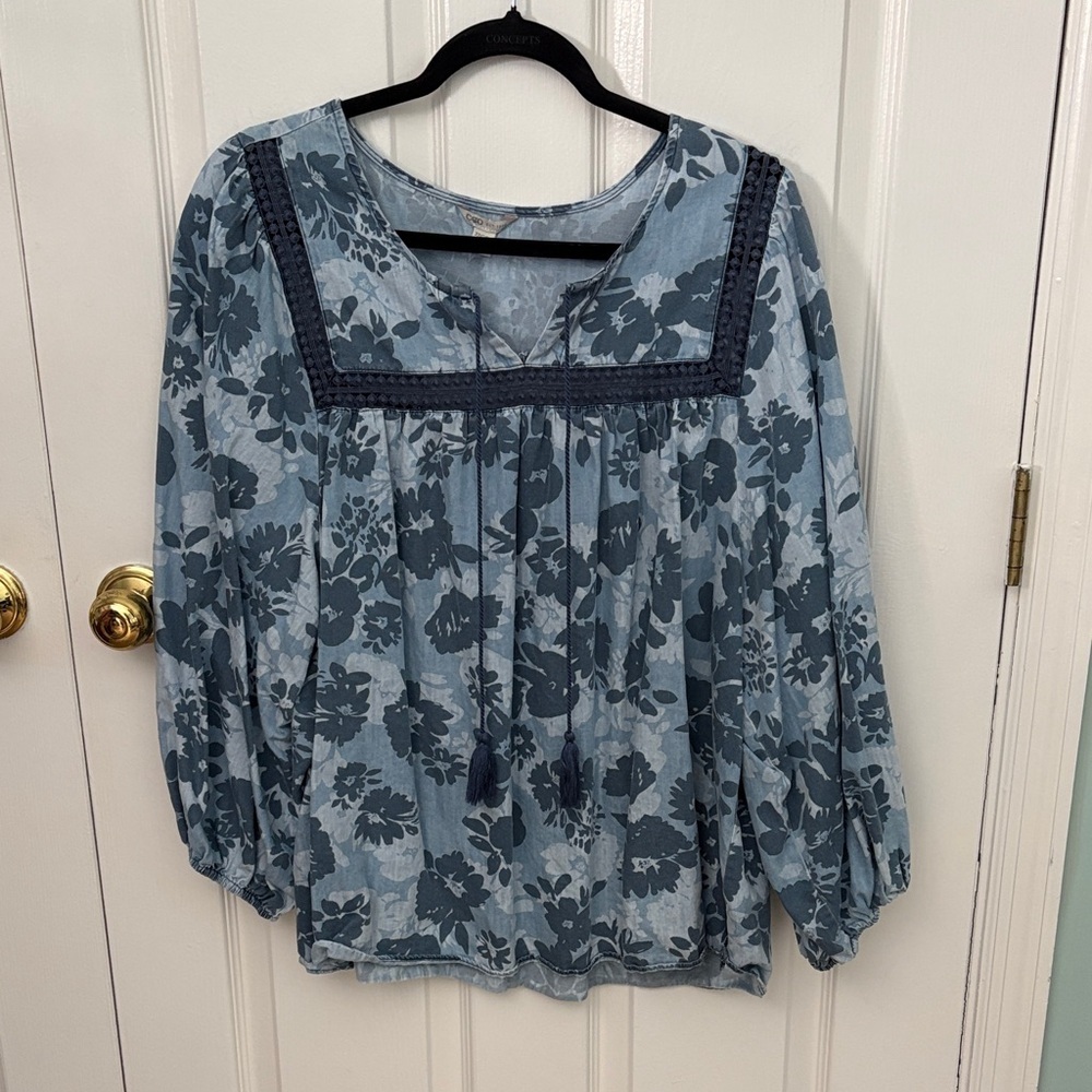 Cato Blue Floral Blouse with Tassel Accents - Picture 2 of 6